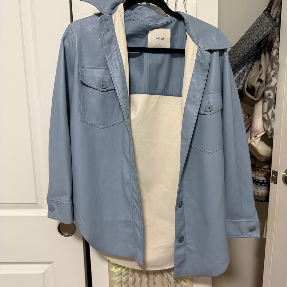 Wilfred Powder Blue Leather Shacket with Cream Trim